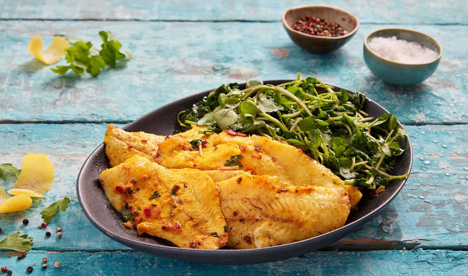 Filetes de Pampo Aromáticos com Agriões Salteados